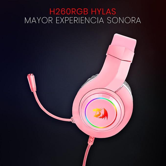 Redragon H260 HYLAS RGB Wired Gaming Headset – 50mm Drivers, Stereo Surround, 360° Omnidirectional Mic, Passive Noise Isolation, Rainbow RGB, 3.5mm + USB – Pink
