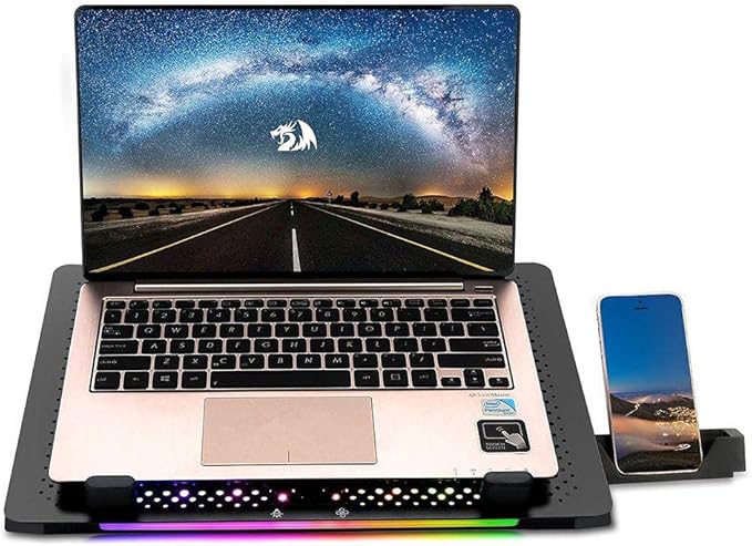 Redragon GCP500 IVY RGB Laptop Cooler – 12–15" (Up to 17.3"), 1 Large + 4 Small Fans, Fan Speed Control, RGB Strip, 2x USB, 2 Phone Holders, 5 Tilt Angles – Black