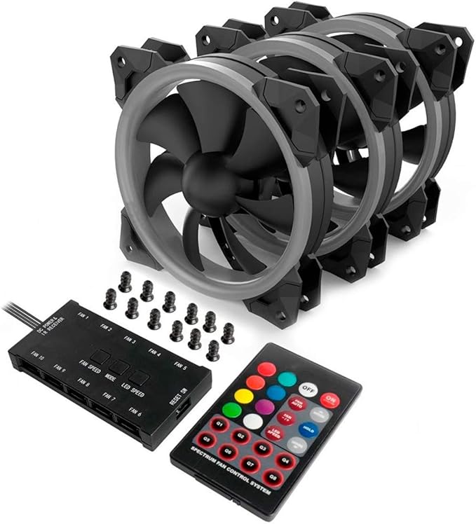 Redragon GC-F008 120mm Full-Color RGB Turbo Case Fan 3-Pack – Dual-Ring Design, 57 Lighting Modes, Super Quiet High Airflow, 10-in-1 Control Box, IR Remote – Black