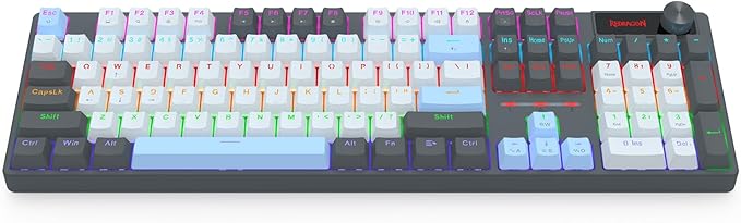 Redragon K718 RGB Full Size Hot-Swap Wired Mechanical Gaming Keyboard – 104 Keys, Red Switch, Dedicated Knob, Sound Absorbing Foam, Mixed Color Keycaps – Gray/White/Blue