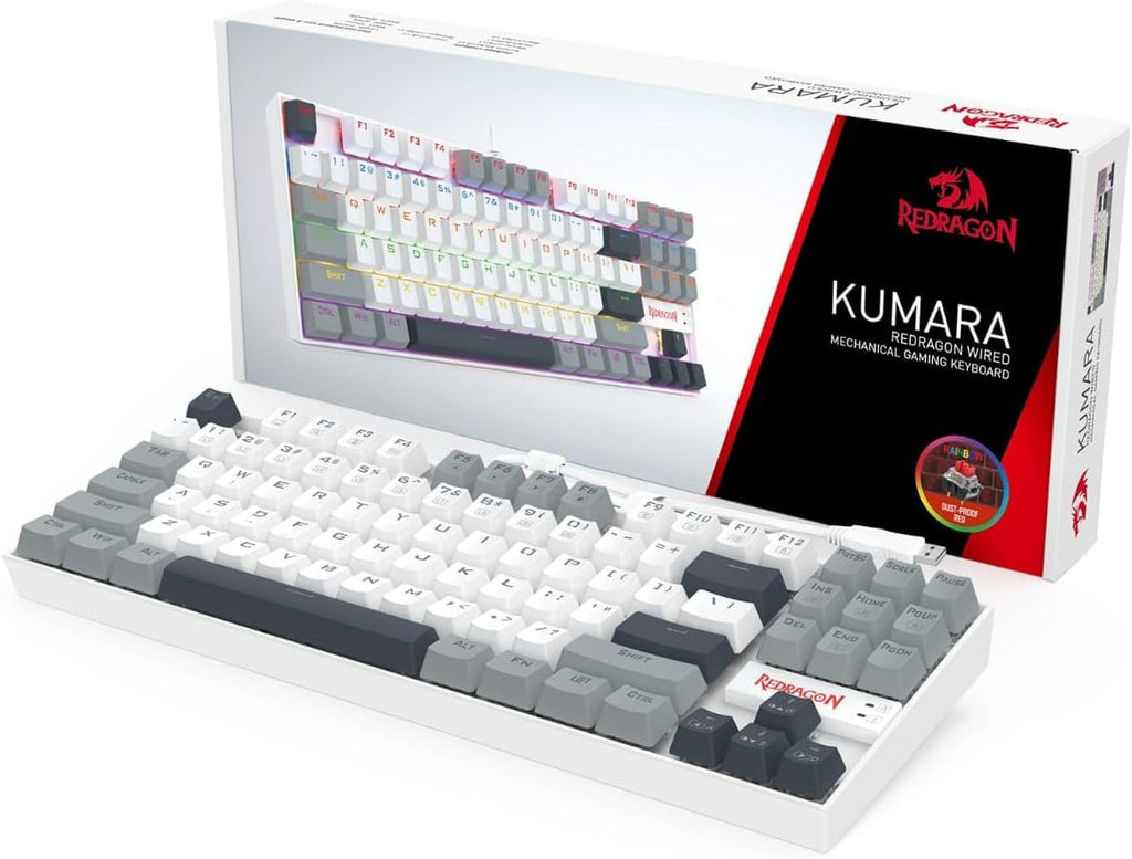 Redragon K552-WGL KUMARA RGB Wired Mechanical Gaming Keyboard – 87 Keys TKL, Hot-Swappable Red Switch, Rainbow LED – White/Gray/Black