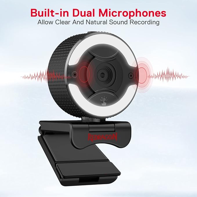 Redragon GW910 Oneshot FHD 1080P Webcam with Autofocus, Built-in Dual Microphone, Ring Light & 5-Level Digital Zoom