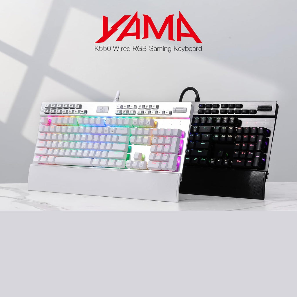Redragon K550 YAMA RGB Wired Mechanical Gaming Keyboard – Full Size, Brown Switch, 12 Macro Keys, Volume Wheel, USB Pass-through, Detachable Wrist Rest – White