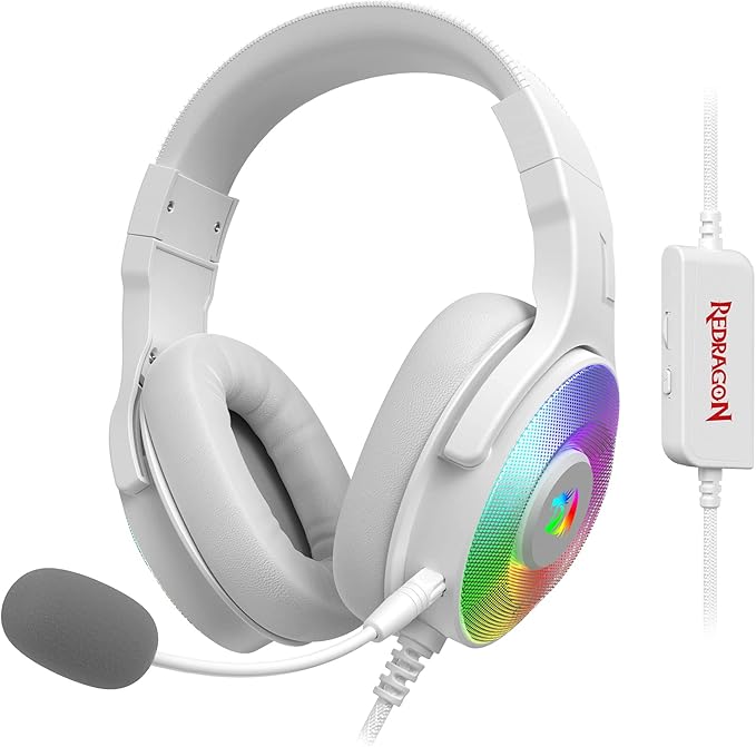 Redragon H350 RGB Wired Gaming Headset – 50mm Drivers, 2.0 Stereo Surround, RGB Earcup Underglow (Dynamic/Static/Off), Detachable Noise-Canceling Mic, In-Line Control – White