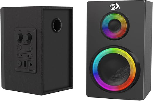 Redragon GS811 Orchestra 2.0 Bluetooth RGB Computer Speaker – Dual RGB Ring Drivers, Wooden Enclosure, Volume & Bass Control, AUX + USB + BT – Black
