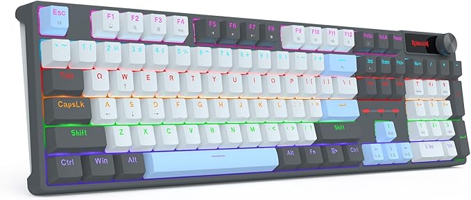 Redragon K718 RGB Full Size Hot-Swap Wired Mechanical Gaming Keyboard – 104 Keys, Red Switch, Dedicated Knob, Sound Absorbing Foam, Mixed Color Keycaps – Gray/White/Blue