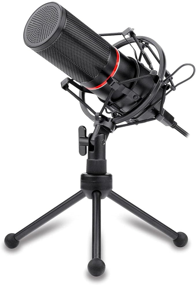 Redragon GM300 BLAZAR USB Studio Gaming Stream Microphone – Large Diaphragm Condenser, Cardioid, Metal Spider Shock Mount, Tripod Stand – Black