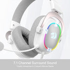 Redragon H510W ZEUS-X RGB Wired Gaming Headset – 7.1 Surround Sound, 53mm Drivers, Memory Foam + Fabric Ear Pads, Rainbow RGB (Dynamic/Static/Off), Detachable Boom Mic, In-Line Control, USB – White