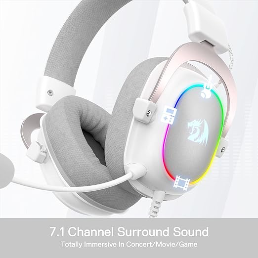 Redragon H510W ZEUS-X RGB Wired Gaming Headset – 7.1 Surround Sound, 53mm Drivers, Memory Foam + Fabric Ear Pads, Rainbow RGB (Dynamic/Static/Off), Detachable Boom Mic, In-Line Control, USB – White
