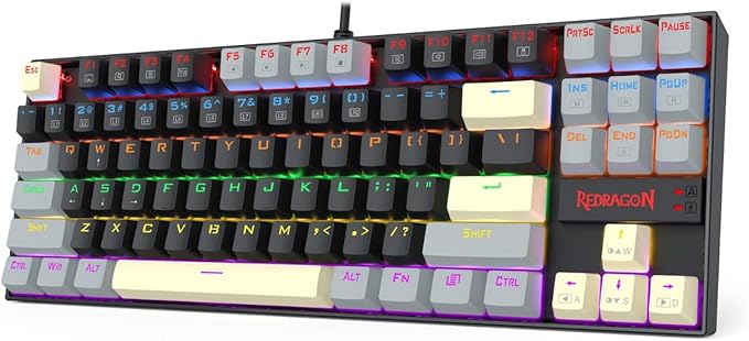 Redragon K552-LGY KUMARA RGB Wired Mechanical Gaming Keyboard – 87 Keys TKL, Hot-Swappable Switch, Double-Shot Keycaps – Black/Gray/Cream