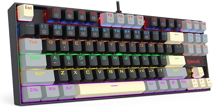 Redragon K552-LGY KUMARA RGB Wired Mechanical Gaming Keyboard – 87 Keys TKL, Hot-Swappable Switch, Double-Shot Keycaps – Black/Gray/Cream