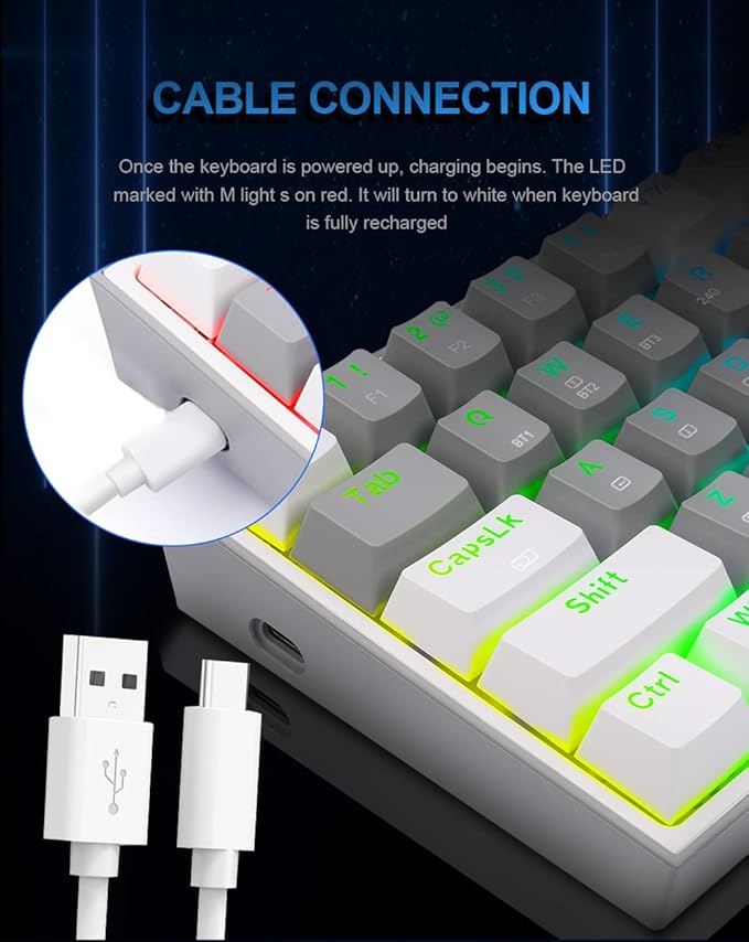 Redragon K616 FIZZ PRO RGB Wireless Tri-Mode Mechanical Gaming Keyboard – 61 Keys 60% Layout, Red Switch, N-Key Rollover, Detachable USB-C – White/Gray