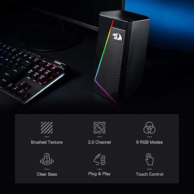 Redragon GS520 Anvil RGB Desktop Speakers – 2.0 Channel PC Stereo, 6 RGB Modes, Touch Control, Easy-Access Volume, USB Powered + 3.5mm – Black