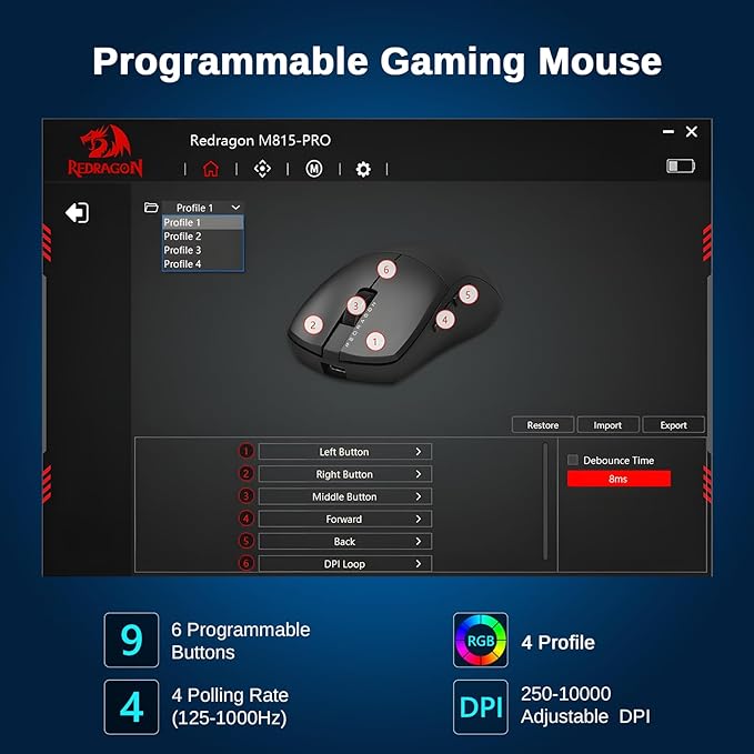 Redragon M815 PRO 3-Mode Wireless Gaming Mouse 26K DPI