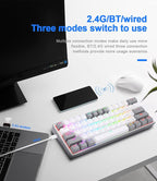 Redragon K616 FIZZ PRO RGB Wireless Tri-Mode Mechanical Gaming Keyboard – 61 Keys 60% Layout, Red Switch, N-Key Rollover, Detachable USB-C – White/Gray