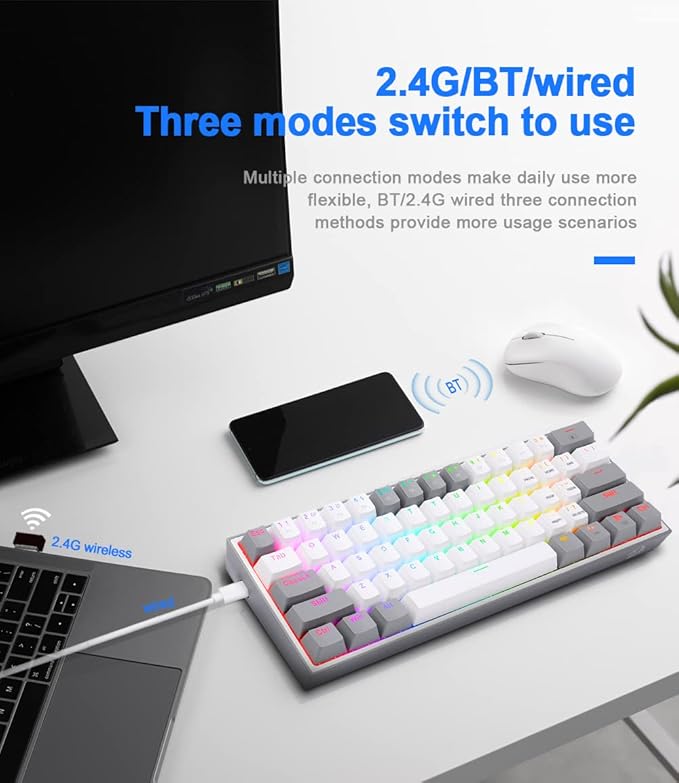 Redragon K616 FIZZ PRO RGB Wireless Tri-Mode Mechanical Gaming Keyboard – 61 Keys 60% Layout, Red Switch, N-Key Rollover, Detachable USB-C – White/Gray