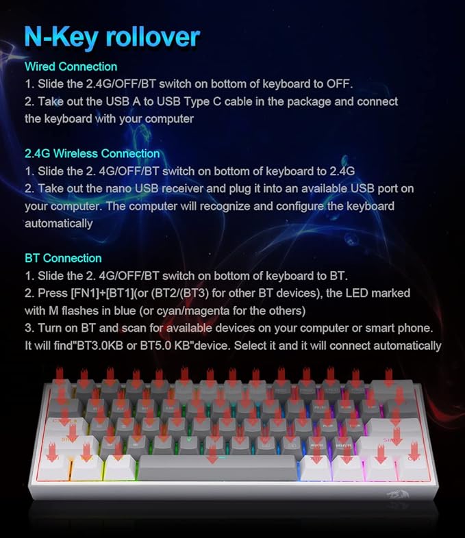 Redragon K616 FIZZ PRO RGB Wireless Tri-Mode Mechanical Gaming Keyboard – 61 Keys 60% Layout, Red Switch, N-Key Rollover, Detachable USB-C – White/Gray