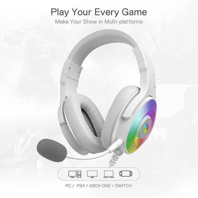 Redragon H350 RGB Wired Gaming Headset – 50mm Drivers, 2.0 Stereo Surround, RGB Earcup Underglow (Dynamic/Static/Off), Detachable Noise-Canceling Mic, In-Line Control – White