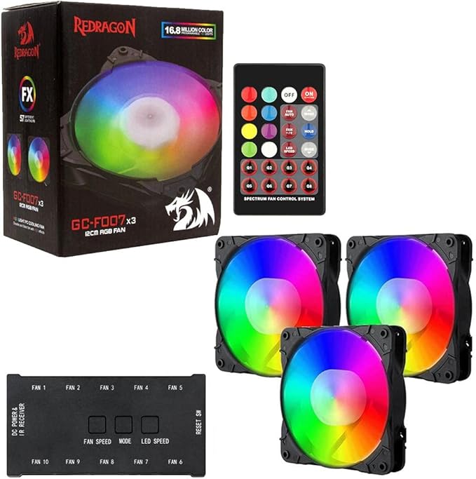 Redragon GC-F007 120mm Full-Color RGB Case Fan 3-Pack – 16.8M Colors, 57 Lighting Modes, Full Transparent Blades, 10-Port Connector, IR Remote – Black