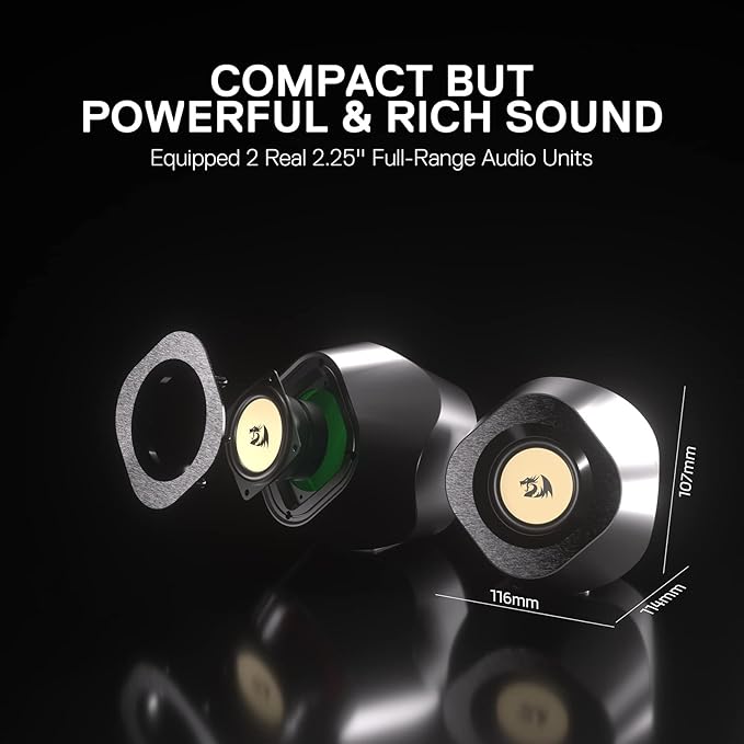 Redragon GS590 Wireless RGB Desktop Speakers – 2.0 Channel Stereo, 3Wx2, 2.25" Drivers, BT5.0/AUX/USB, In-Line Control Box, Dynamic Ambient RGB Backlight – Black