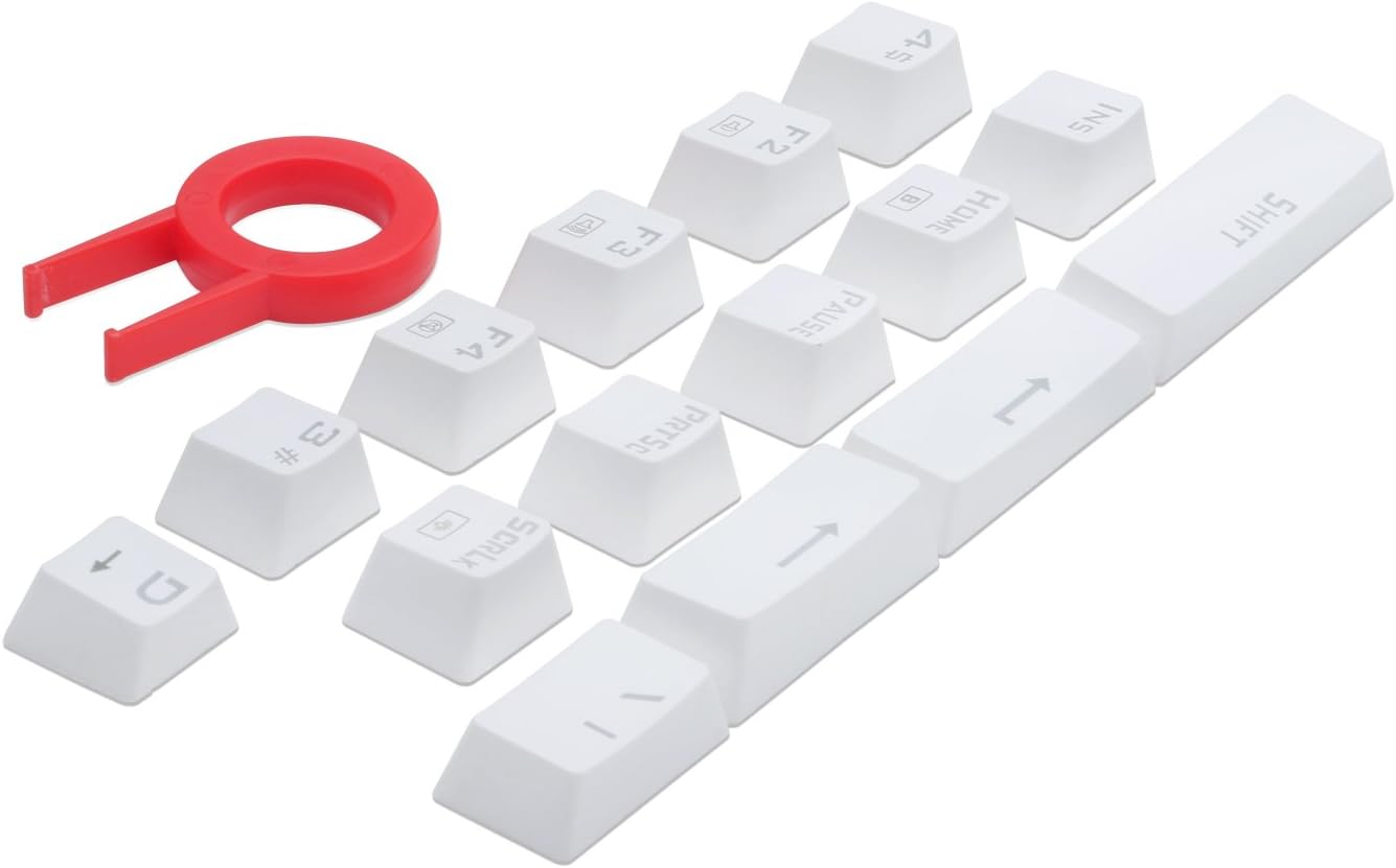 Redragon A101 104-Key Replacement Keycaps – ABS Backlit-Compatible, Cherry MX Compatible, Laser Engraved, Dragon Logo on W Key, Red Keycap Puller Included – White