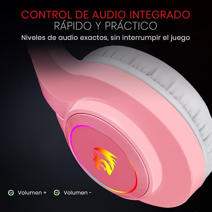 Redragon H260 HYLAS RGB Wired Gaming Headset – 50mm Drivers, Stereo Surround, 360° Omnidirectional Mic, Passive Noise Isolation, Rainbow RGB, 3.5mm + USB – Pink