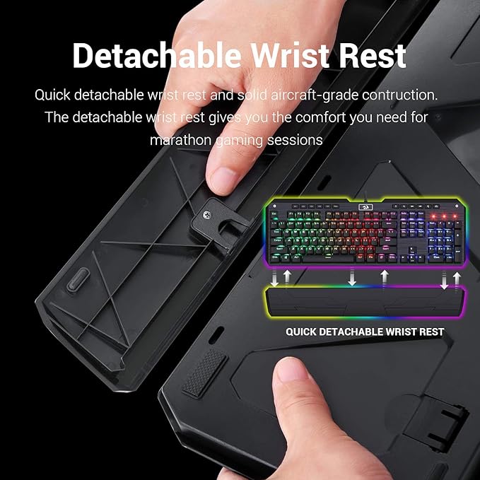 Redragon K555-R INDRAH RGB Wired Mechanical Gaming Keyboard – 104 Keys Full Size, Blue Switch, Macro Keys, Wrist Rest, Spill-Resistant – Black