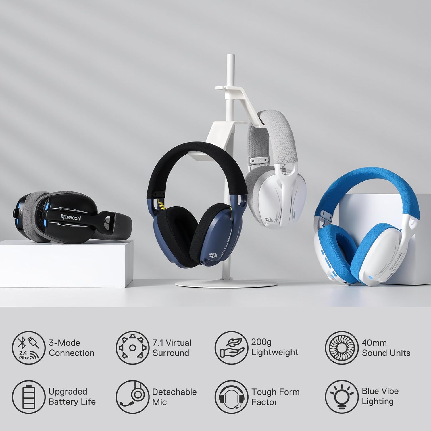 Redragon H878 SKULD PRO 3-Mode Wireless Gaming Headset – 40mm Drivers, Virtual 7.1, 200g Featherlight, Washable Fabric, Detachable Mic, Blue Vibe Lighting – White/Blue