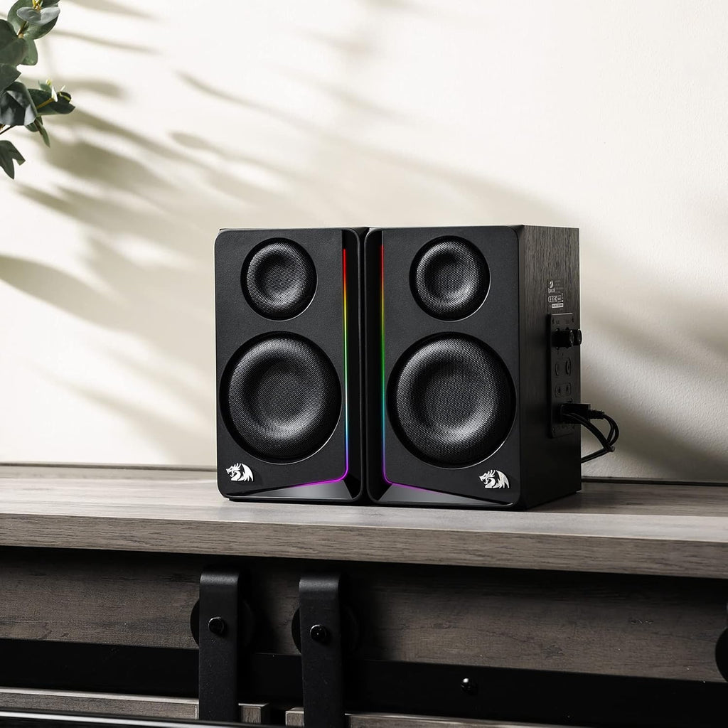 Redragon GS812 Wireless RGB Wooden Bookshelf Speakers – 2.0 Channel, 10W, 4x 3" Bass Drivers, BT5.0/AUX, Volume & Bass Knob, Headset & Mic Jacks, Dynamic RGB Bar – Black