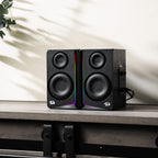 Redragon GS812 Wireless RGB Wooden Bookshelf Speakers – 2.0 Channel, 10W, 4x 3" Bass Drivers, BT5.0/AUX, Volume & Bass Knob, Headset & Mic Jacks, Dynamic RGB Bar – Black