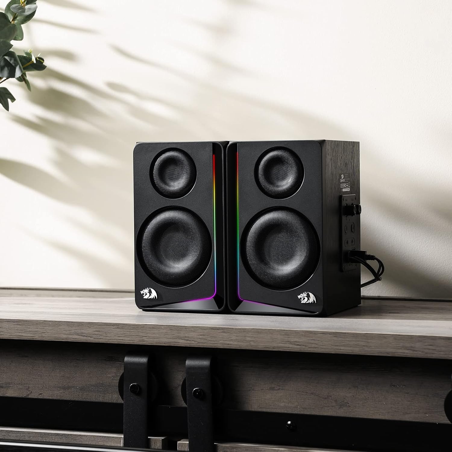 Redragon GS812 Wireless RGB Wooden Bookshelf Speakers – 2.0 Channel, 10W, 4x 3" Bass Drivers, BT5.0/AUX, Volume & Bass Knob, Headset & Mic Jacks, Dynamic RGB Bar – Black