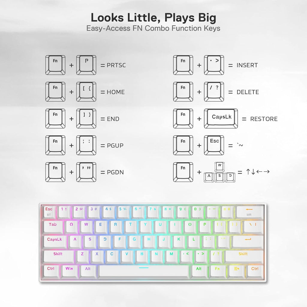 Redragon K530 Pro Draconic 60% RGB 3-Mode Wireless Mechanical Gaming Keyboard – 61 Keys, Hot-Swappable, Blue Switch – White