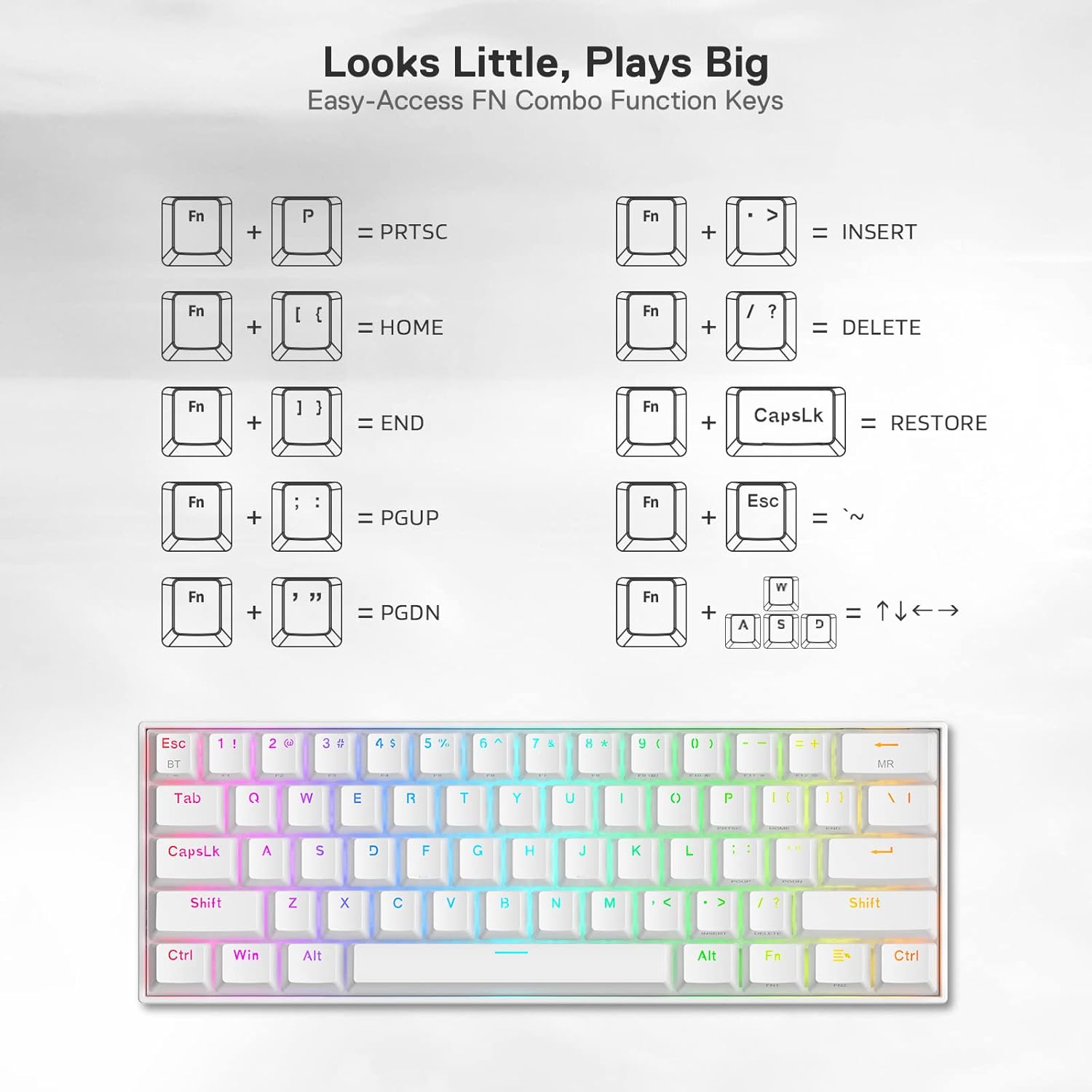 Redragon K530 Pro Draconic 60% RGB 3-Mode Wireless Mechanical Gaming Keyboard – 61 Keys, Hot-Swappable, Blue Switch – White