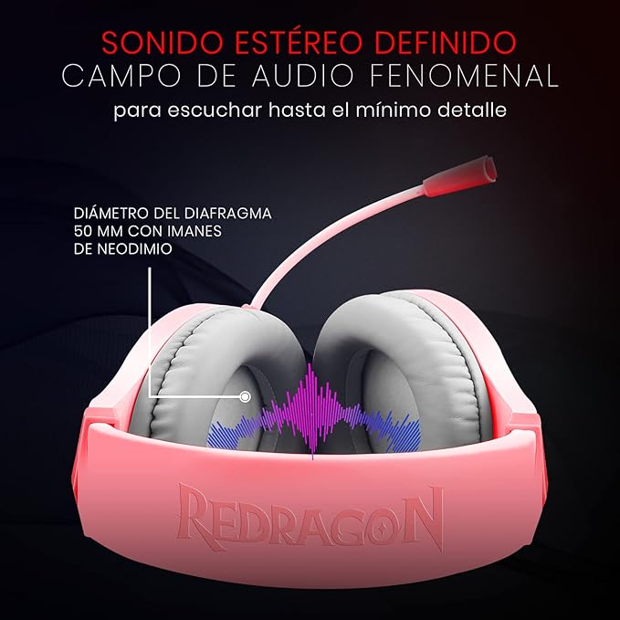 Redragon H260 HYLAS RGB Wired Gaming Headset – 50mm Drivers, Stereo Surround, 360° Omnidirectional Mic, Passive Noise Isolation, Rainbow RGB, 3.5mm + USB – Pink