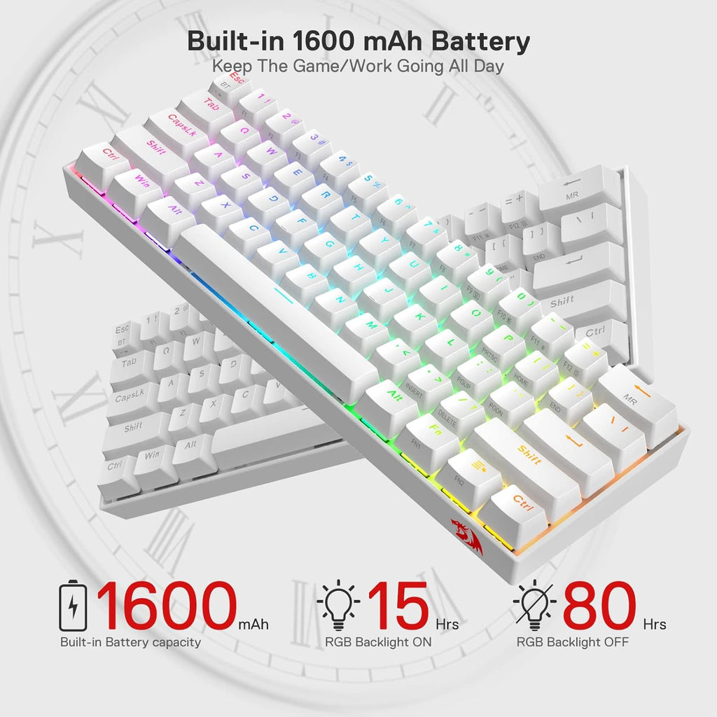Redragon K530 Pro Draconic 60% RGB 3-Mode Wireless Mechanical Gaming Keyboard – 61 Keys, Hot-Swappable, Blue Switch – White