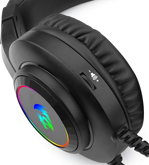 Redragon H260 HYLAS RGB Wired Gaming Headset – Rainbow RGB Ring, Leather Ear Cups, Flexible Gooseneck Mic, On-Cup Volume Slider, 3.5mm + USB – Black / White
