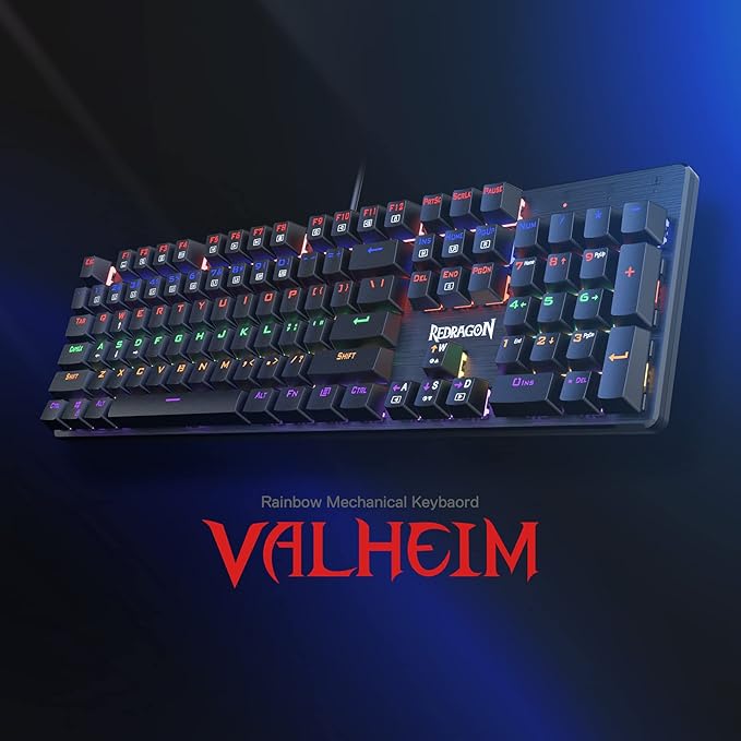 Redragon K608 VALHEIM Rainbow RGB Wired Mechanical Gaming Keyboard – 104 Keys Full Size NKRO, Floated Design, 9 Backlit Modes, 8 Gaming Modes – Black