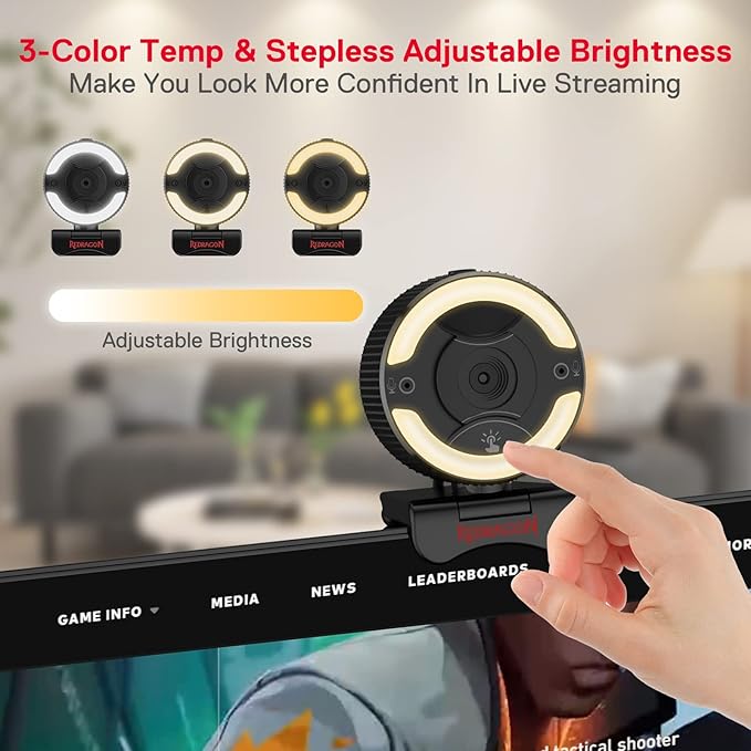 Redragon GW910 Oneshot FHD 1080P Webcam with Autofocus, Built-in Dual Microphone, Ring Light & 5-Level Digital Zoom