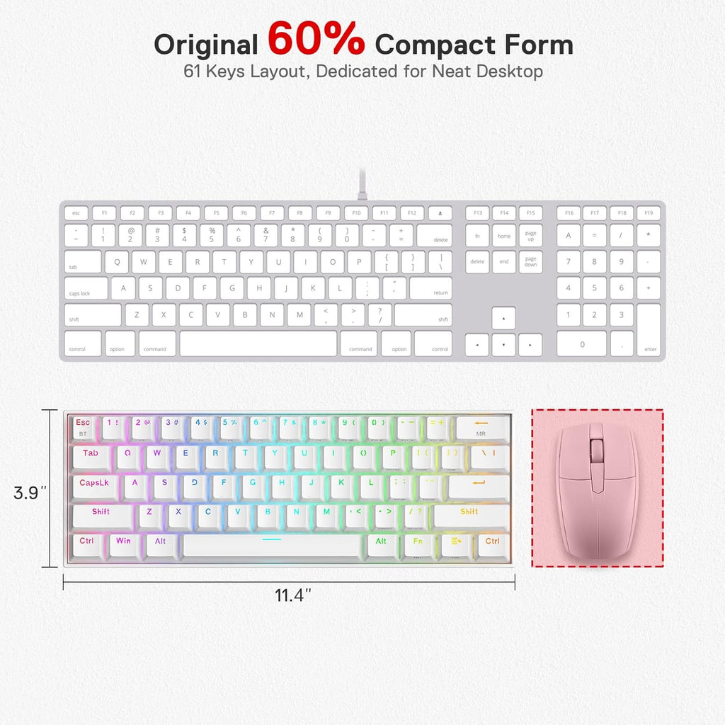 Redragon K530 Pro Draconic 60% RGB 3-Mode Wireless Mechanical Gaming Keyboard – 61 Keys, Hot-Swappable, Blue Switch – White