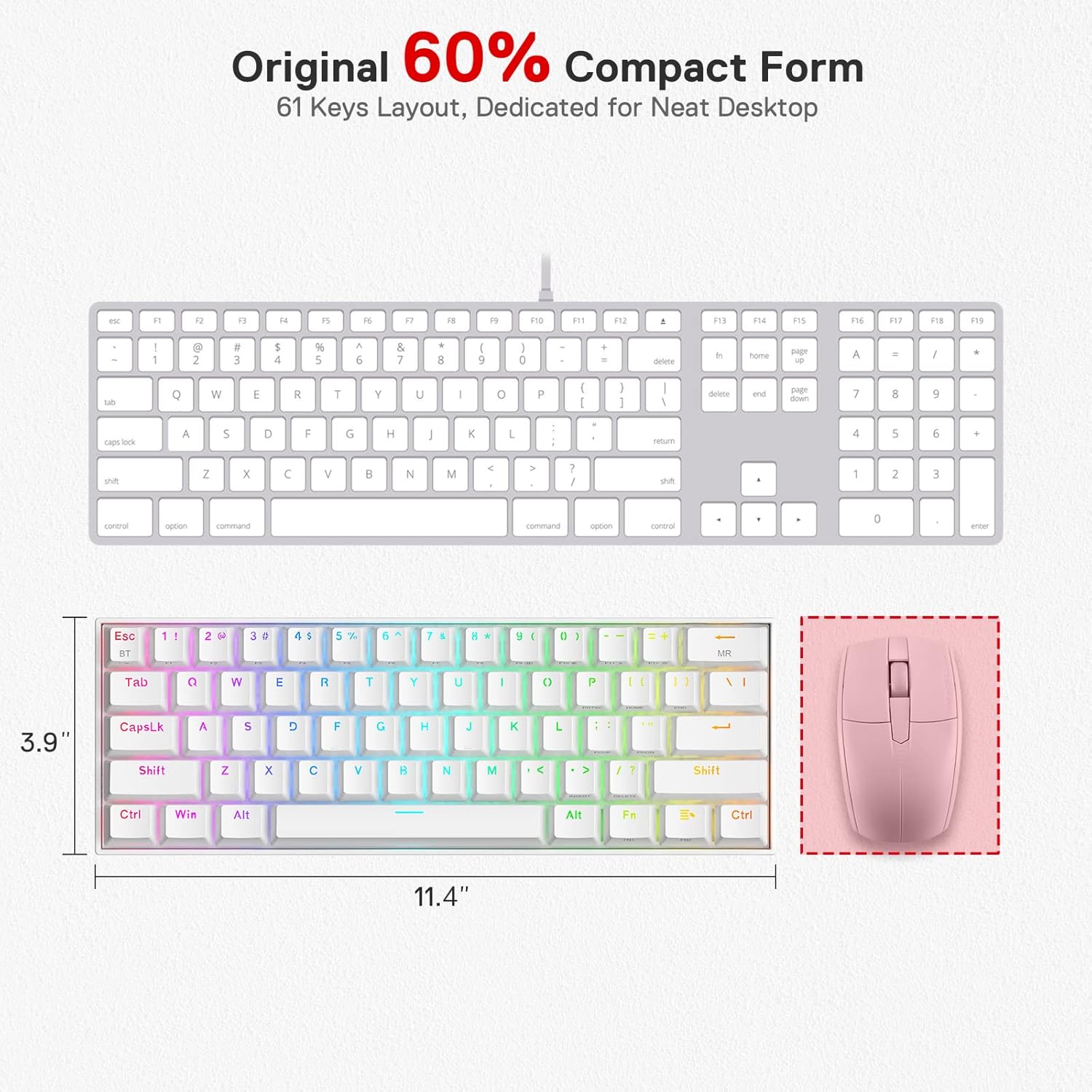 Redragon K530 Pro Draconic 60% RGB 3-Mode Wireless Mechanical Gaming Keyboard – 61 Keys, Hot-Swappable, Blue Switch – White