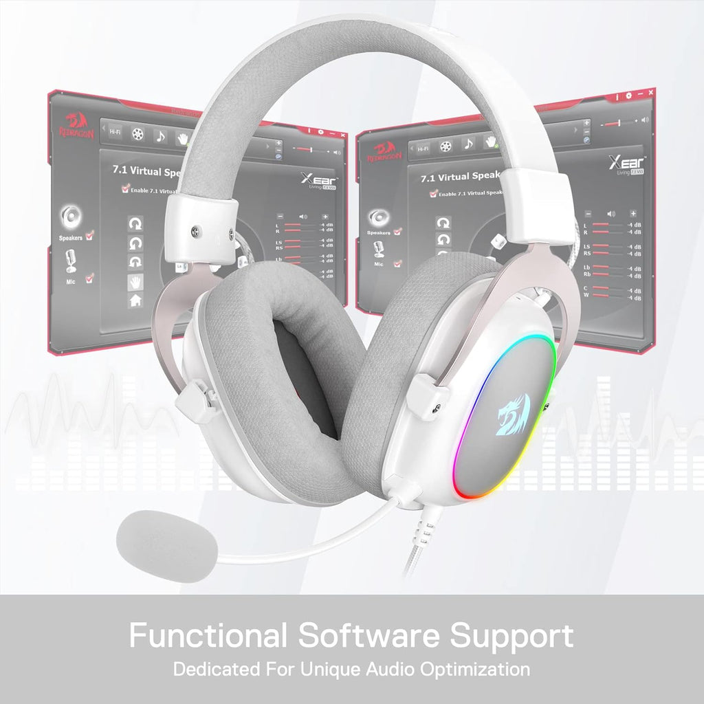 Redragon H510W ZEUS-X RGB Wired Gaming Headset – 7.1 Surround Sound, 53mm Drivers, Memory Foam + Fabric Ear Pads, Rainbow RGB (Dynamic/Static/Off), Detachable Boom Mic, In-Line Control, USB – White