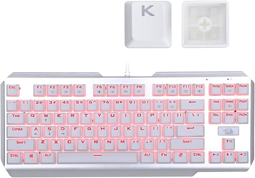 Redragon A101 104-Key Replacement Keycaps – ABS Backlit-Compatible, Cherry MX Compatible, Laser Engraved, Dragon Logo on W Key, Red Keycap Puller Included – White