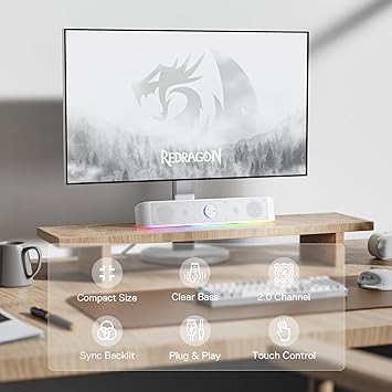 Redragon GS560W Adiemus RGB Desktop Soundbar – Dual 4W Drivers Touch RGB Control USB + 3.5mm (White)