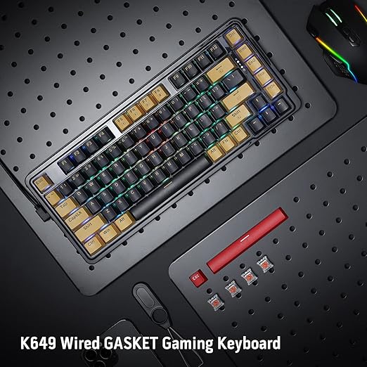 Redragon K649 PRO RGB 75% Gasket-Mount Hot-Swap Wired Mechanical Gaming Keyboard – Custom Gold-Melt Translucent Switch, 16.8M RGB 20 Modes, Pro Software – Black/Gold