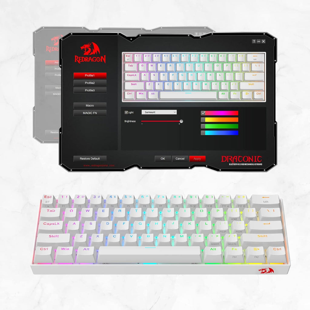 Redragon K530 Pro Draconic 60% RGB 3-Mode Wireless Mechanical Gaming Keyboard – 61 Keys, Hot-Swappable, Blue Switch – White