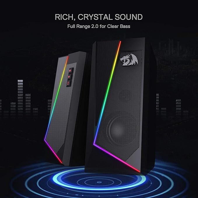 Redragon GS520 Anvil RGB Desktop Speakers – 2.0 Channel PC Stereo, 6 RGB Modes, Touch Control, Easy-Access Volume, USB Powered + 3.5mm – Black