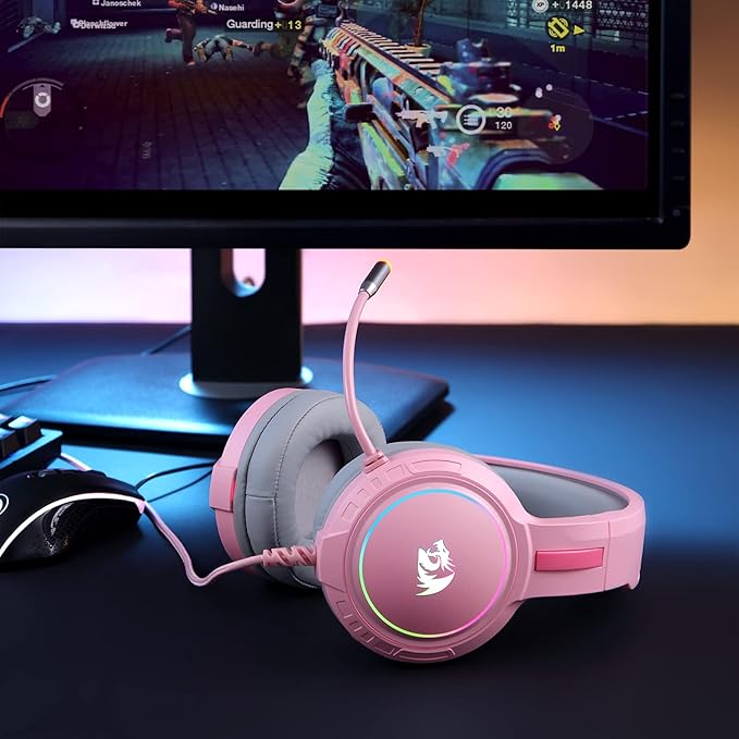 Redragon H270 MENTO RGB Wired Gaming Headset – Surround Sound, Rainbow RGB Dragon Logo, Detachable Boom Mic, Memory Foam Ear Pads, 3.5mm – Black / Pink / White