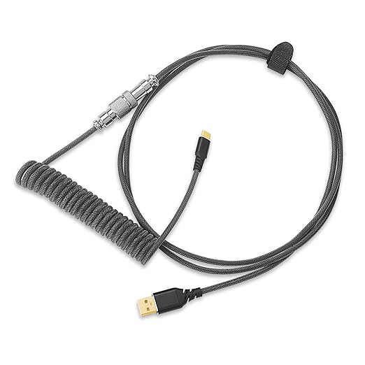 Redragon A115 Coiled USB-C Keyboard Cable – Double-Sleeved, Professional Reversed Coil, Aviator Connector, Gold-Plated USB-A – Space Gray / White