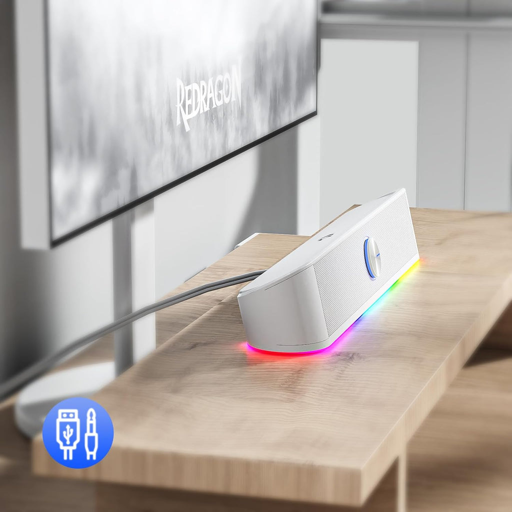 Redragon GS560W Adiemus RGB Desktop Soundbar – Dual 4W Drivers Touch RGB Control USB + 3.5mm (White)