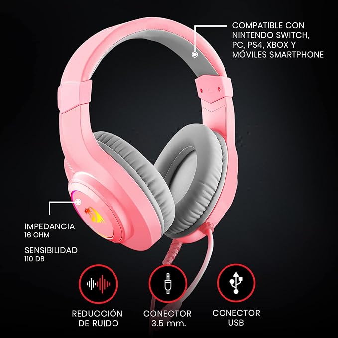 Redragon H260 HYLAS RGB Wired Gaming Headset – 50mm Drivers, Stereo Surround, 360° Omnidirectional Mic, Passive Noise Isolation, Rainbow RGB, 3.5mm + USB – Pink